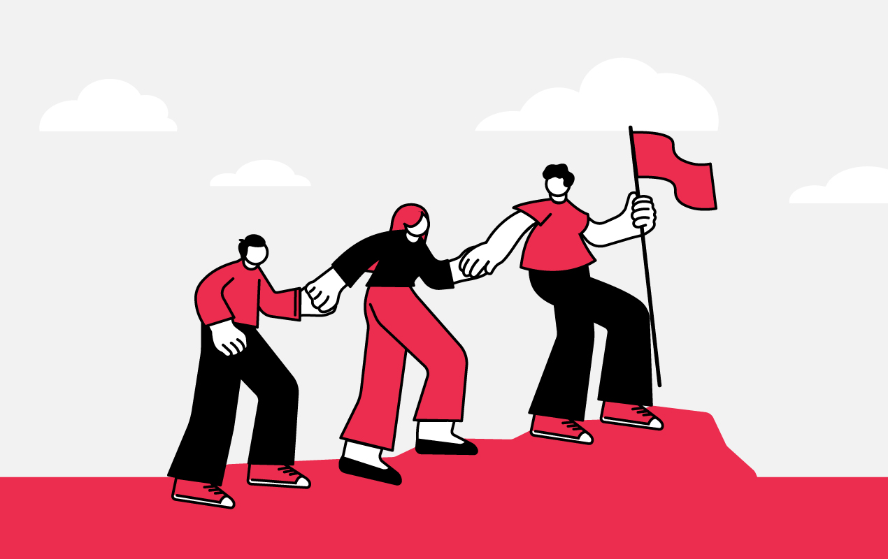 行政・企業・市民が協力し合い、共創を象徴するように旗を掲げるイラスト